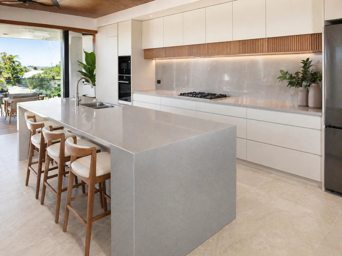 Luxury kitchen with grey stone island benchtop — Townsville